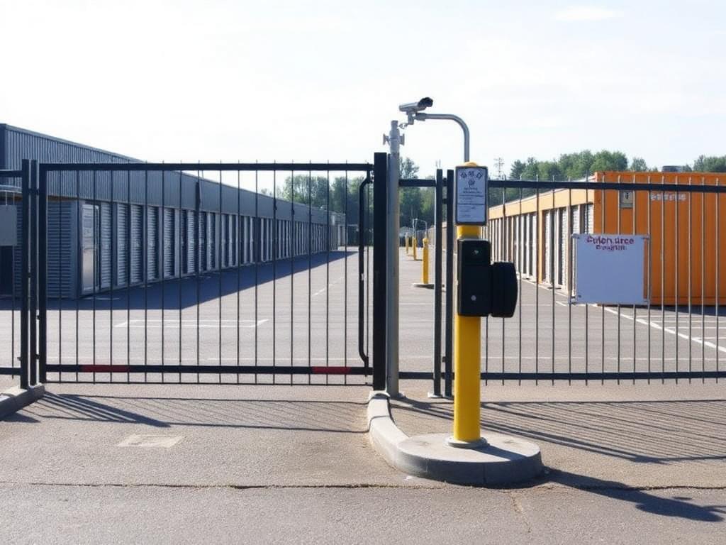 Wide concrete marshalling yard lined with steel drive-up storage containers